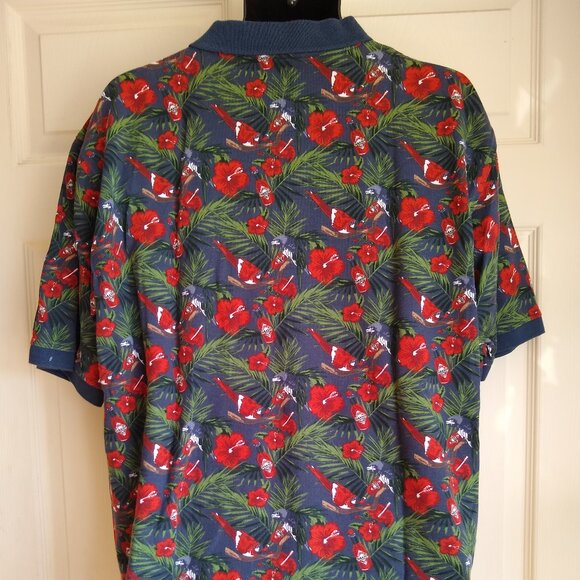 90s Tabasco Polo Shirt blue with red with hibiscus flowers - Picture 2 of 5